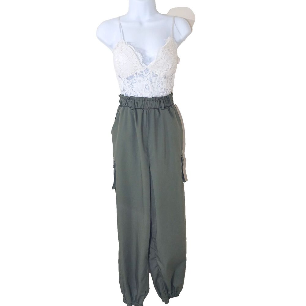 Sleeveless White Lace Top Jumpsuit With Pockets Paper Bag Waist Tall Pull-on M - Picture 2 of 5